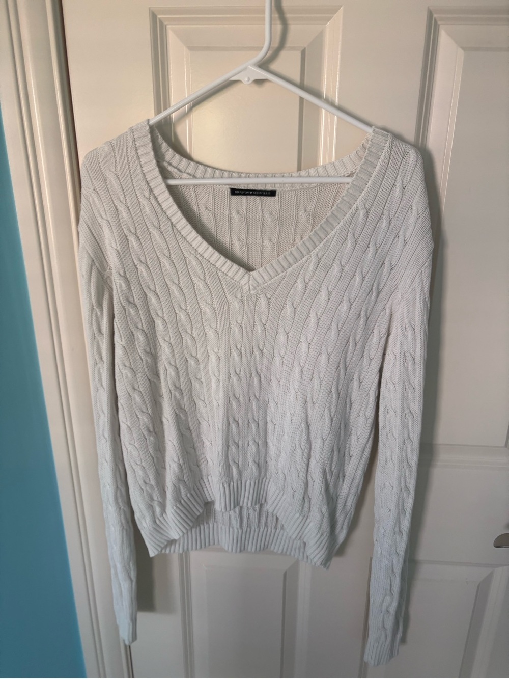 Brandy Melville White Cable-Knit V-Neck Sweater